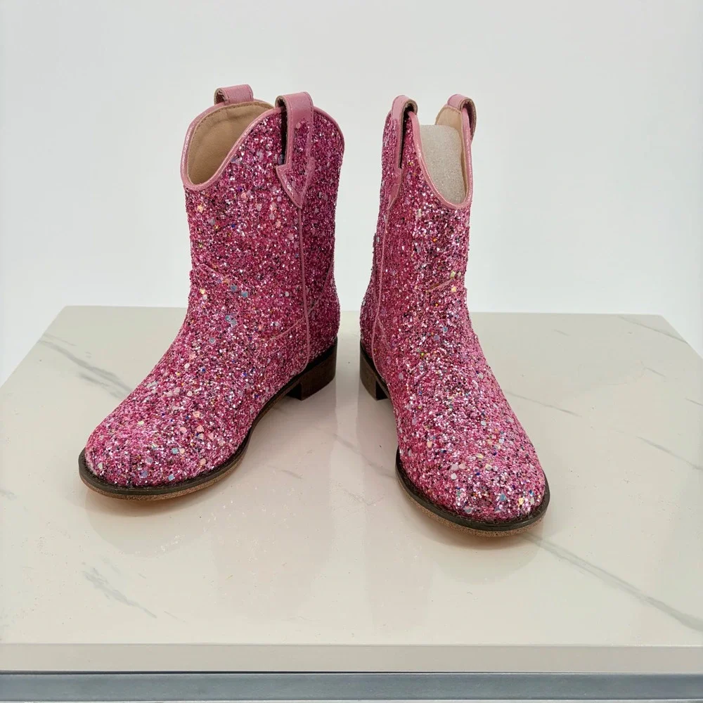 Cowboy Boots 10 Pink Glitter Sparkly Western Pull On Toddler Shoes